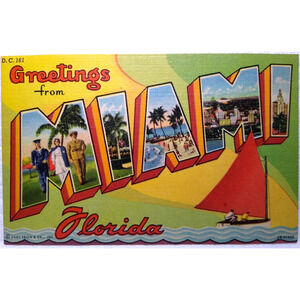 Greetings From Miami Florida Large Letter Linen Postcard Curt Teich Sailboat